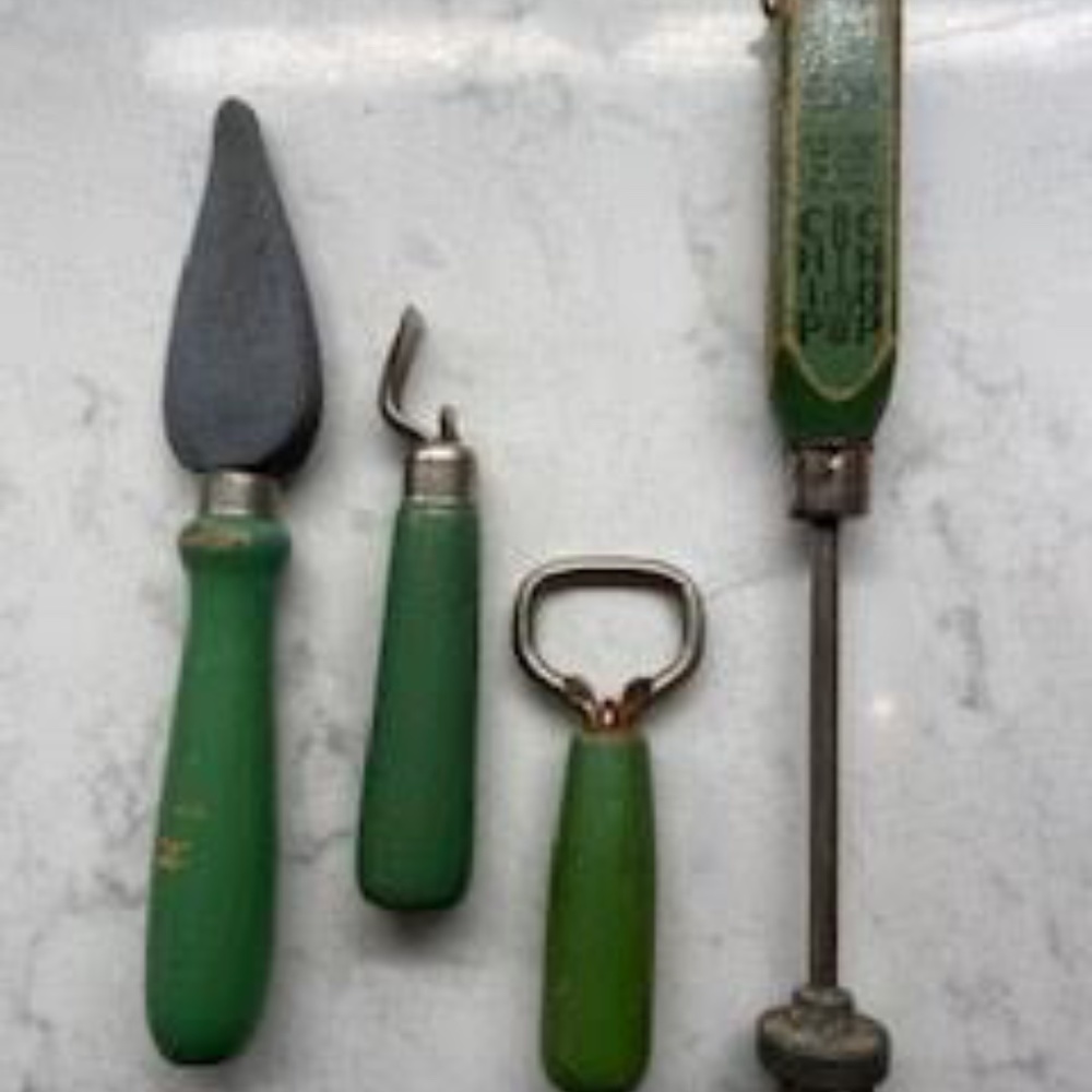 Vintage 1940's Kitchen set. Two bottle openers, ice pic and knife hone